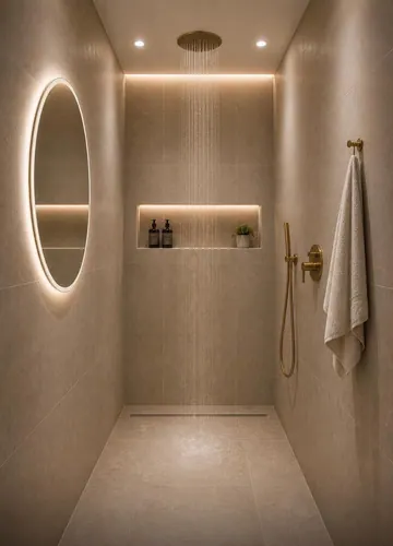 Visualisation of the finished walk-in shower room with stone-effect tiling, lit niche and brass fittings