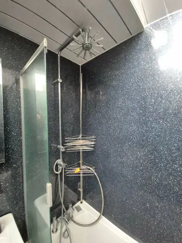 Original bath with dark sparkle wall panels and chrome shower riser