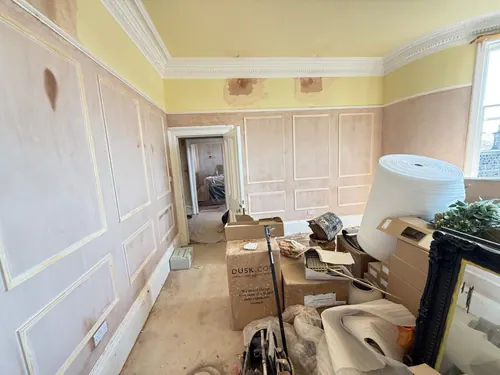 Both walls of the second room panelled and awaiting filling and painting