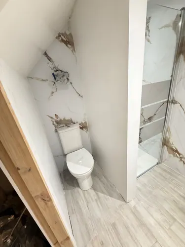 Toilet in its own recess beside the walk-in shower