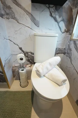 Close view of the cistern, roll holder and panel joints in the WC