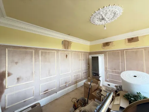 Panelled walls completed around the door opening with original ceiling rose above